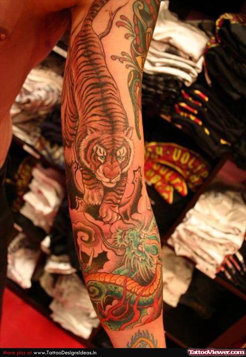 Colored Dragon And Tiger Tattoo On Sleeve