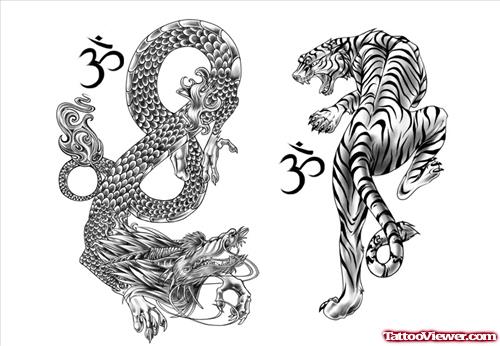 Beautiful Grey Ink Tiger Tattoo Design