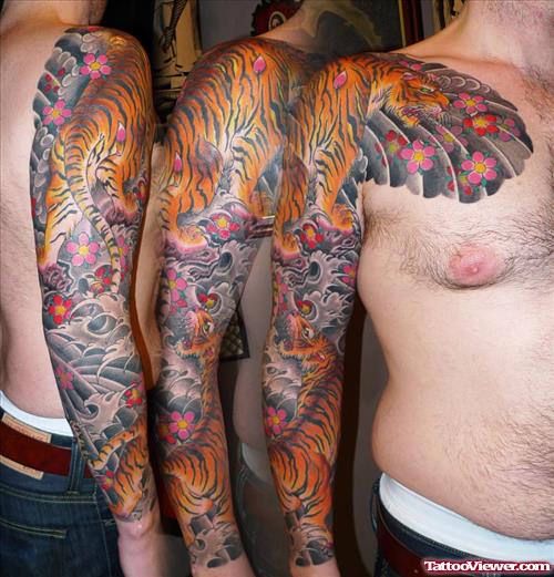 Amazing Colored Tiger Tattoos On Sleeve For Men