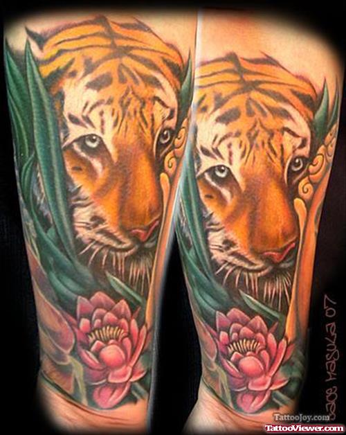 Lotus Flower And Tiger Head Tattoo