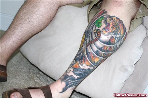 Japanese Tiger Tattoo On Left Leg