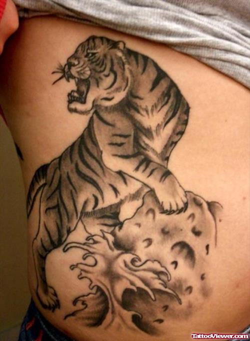 Grey Ink Tiger Tattoo On Side Rib