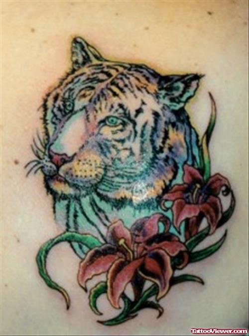 Flowers And White Tiger Head Tattoo