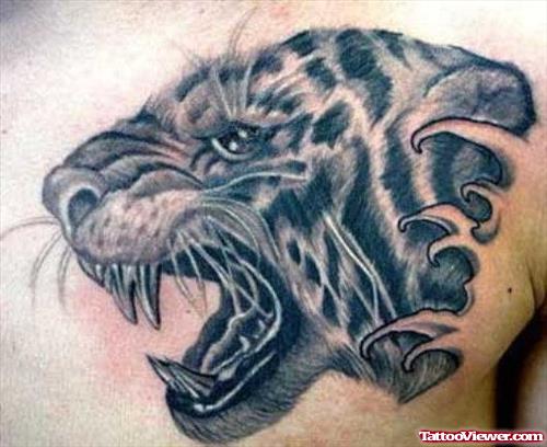 Cute Grey Ink Tiger Head Tattoo On Man Chest