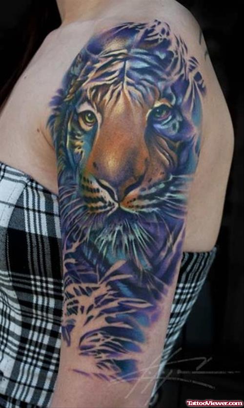 Colored Tiger Head Tattoo On Left Half Sleeve