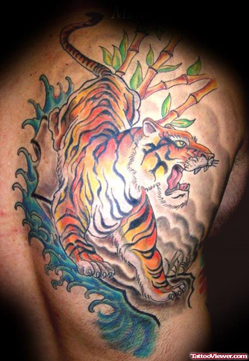 Colored Asian Tiger Tattoo On Back