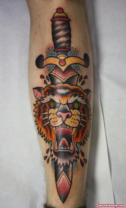 Color Dagger and Tiger Head Tattoo