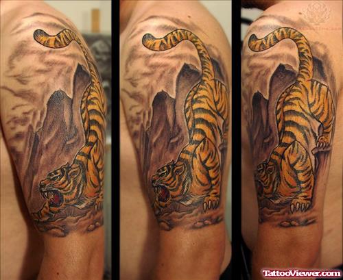 Biomechanical Tiger Tattoo On Left Half Sleeve