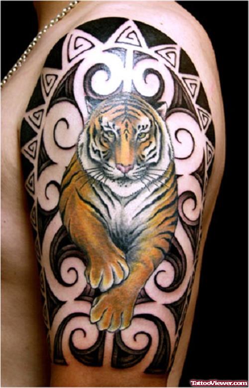 Attractive Left Half Sleeve Tiger Tattoo
