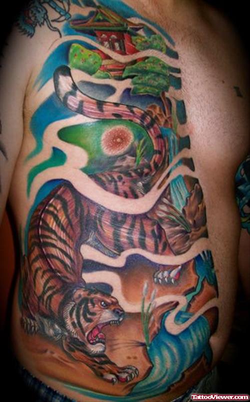 Asian Tiger Tattoo On Chest