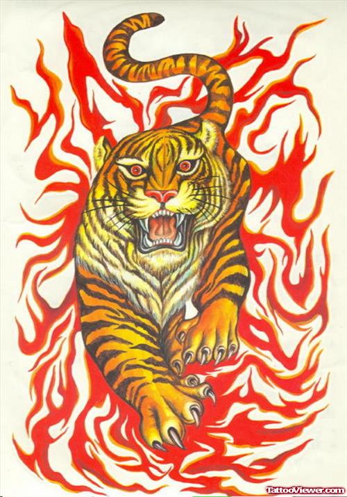 Red Tribal And Tiger Tattoo Design