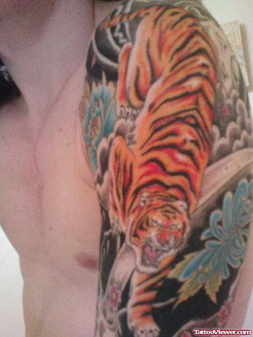 Japanese Tiger Tattoo On Left Half Sleeve
