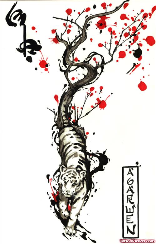 Chinese Flowers and Tiger Tattoo Design