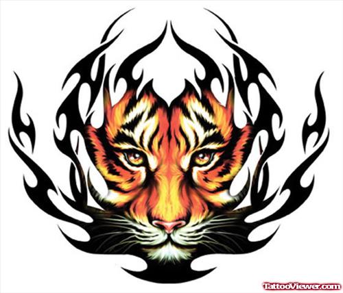 Black Tribal And Color Tiger Face Tattoo Design