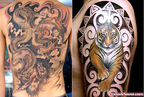 Awesome GRey Ink Tiger Tattoo On Back