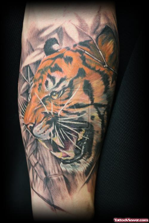 Awesome Colored Tiger Tattoo On Arm