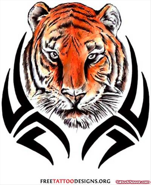 Tribal And Color Tiger Head Tattoo Design
