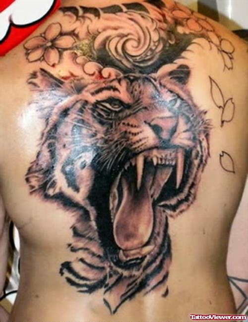 Grey Ink Tiger Tattoo On Back Body