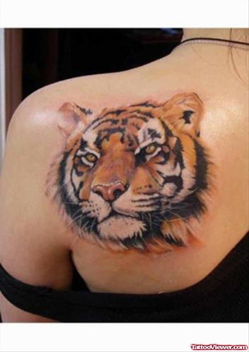 Girl Left Back Shoulder Tiger Head Tattoo