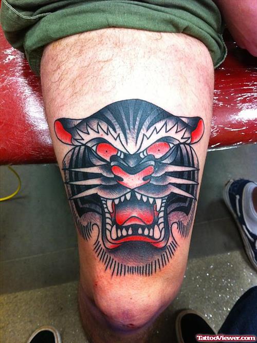 Black Ink Tiger Head Tattoo On Thigh