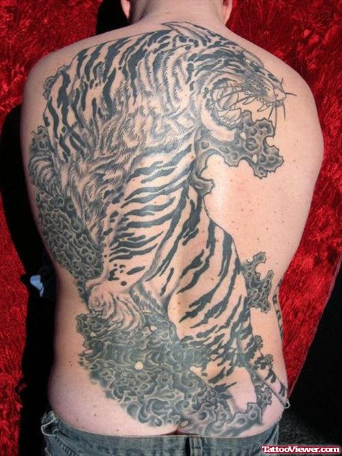Grey Ink Tiger Tattoo On Man BAck