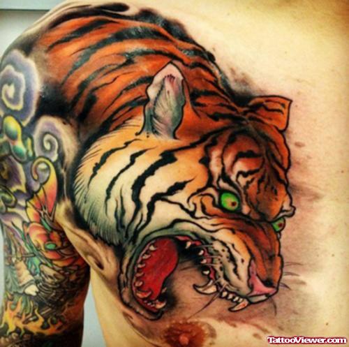 Colored Tiger Tattoo On Man Chest