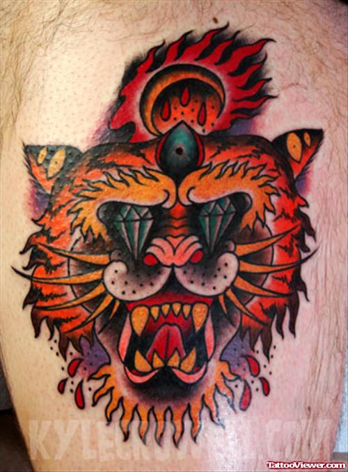 Colored Tiger Head Tattoo On Shoulder