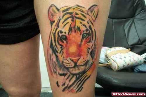Color Ink Tiger Head Tattoo On Left