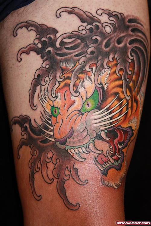 Awesome Tiger Head Tattoo On Sleeve