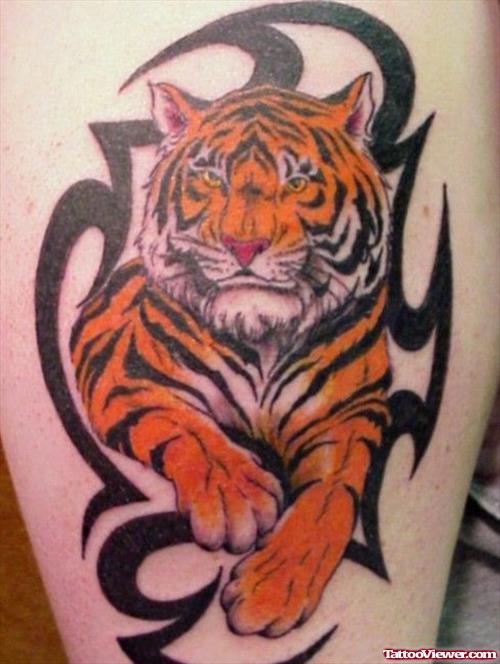 Black Ink Tribal And Color Tiger tattoo