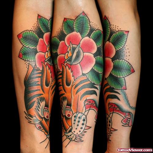 Awesome Color Flower And Tiger Head Tattoo On Sleeve