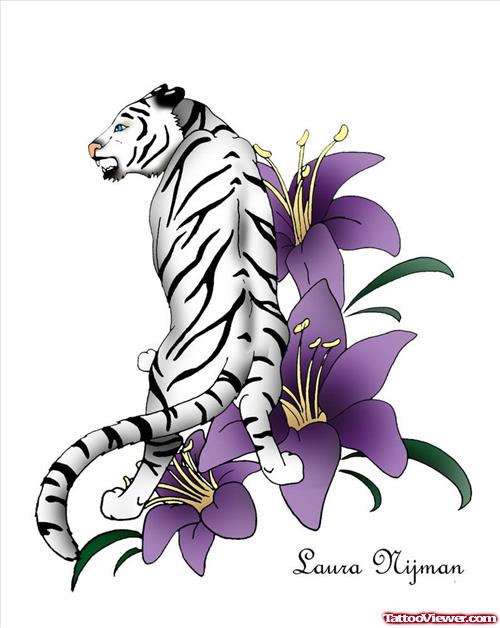 Purple Flowers and Tiger Tattoo Design