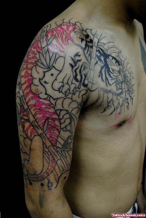 Japanese Tiger Tattoo On Right Half Sleeve