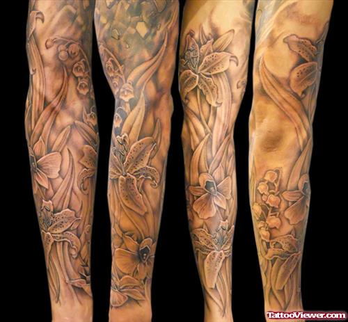 Grey Ink Tiger Tattoo On Sleeve