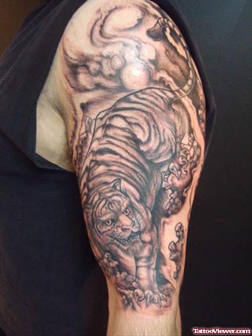 Grey Ink Half Sleeve Tiger Tattoo