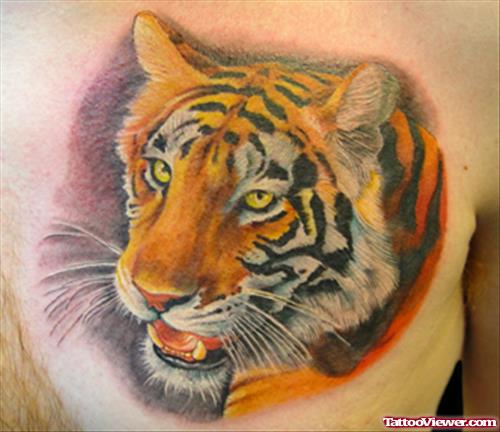 Color Ink Tiger Tattoo On Man Chest