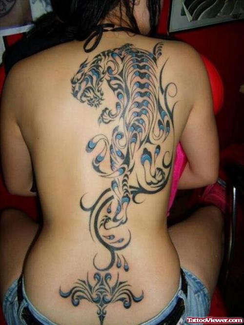 Best Grey Ink Tiger Tattoo On Girl Back