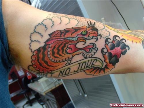Awesome Colored Tiger Tattoo On Biceps