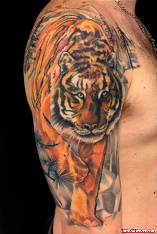 Amazing Color Ink Tiger Tattoo On Right Sleeve