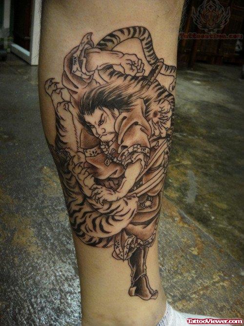 Samurai And Tiger Tattoo On Right Leg