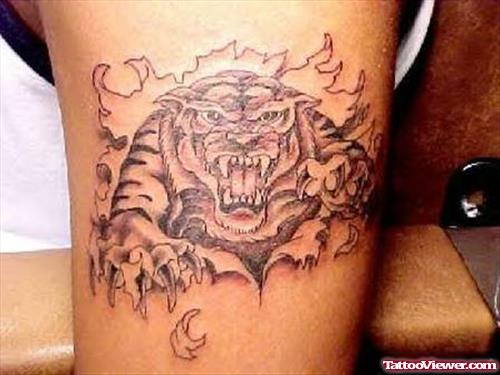 Grey Ink Ripped Skin Tiger Tattoo On Bicep