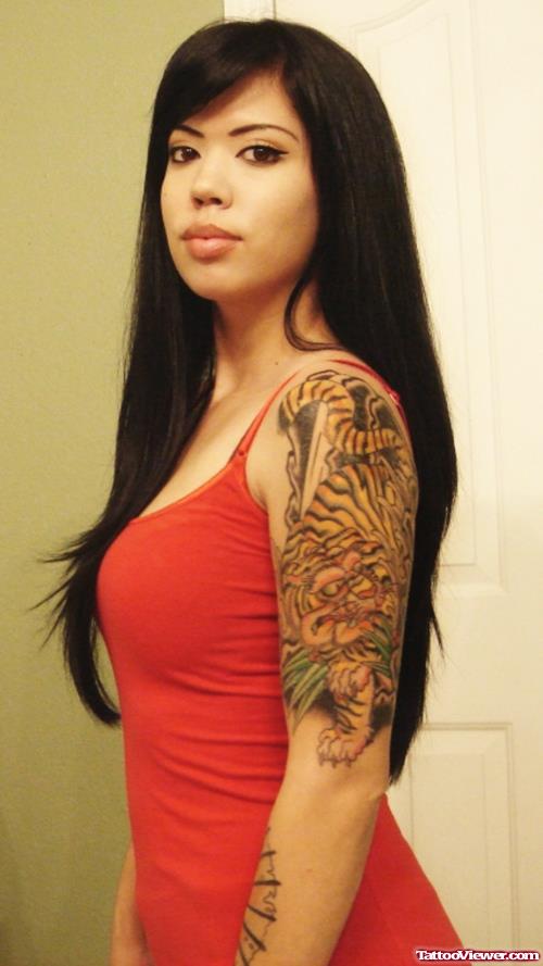 Girl With Tiger Tattoo On Left Half Sleeve