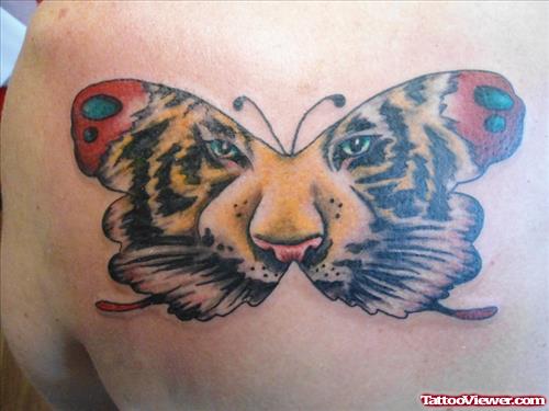 Colored Tiger Butterfly Tattoo On Back Shoulder