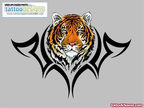 Black Tribal And Tiger Head Tattoo Design