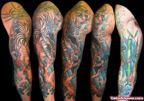 Awesome Color Ink Japanese Tiger Tattoo On Sleeve