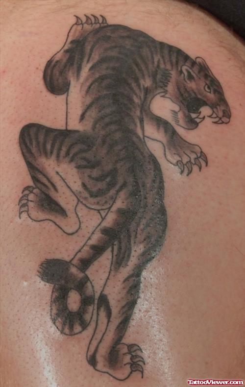 Wonderful Grey Ink Tiger Tattoo On Back