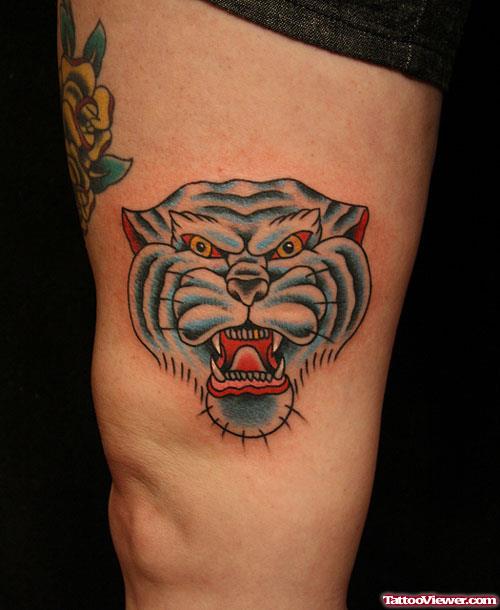 Tiger Head Tattoo On Side Leg