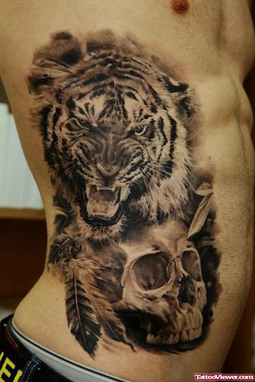 Skull And Tiger Head Tattoo On Side