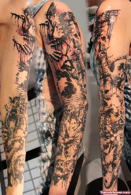 Grey Ink Tiger Tattoo On Left Sleeve