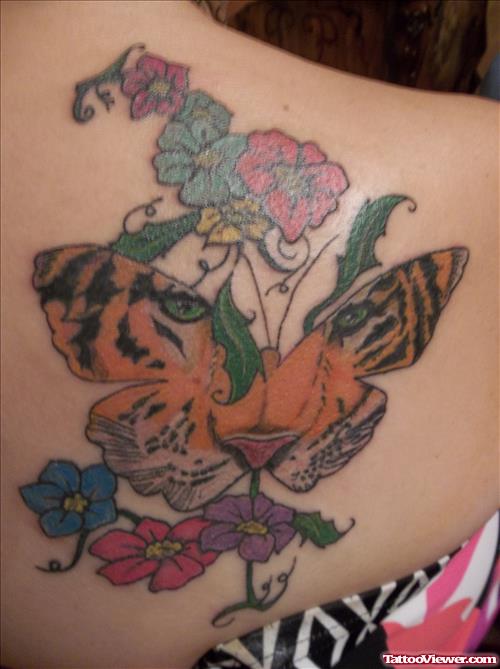 Color Ink Tiger Butterfly And Flowers Tattoos On Right Back Shoulder